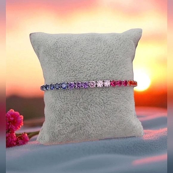 PAJ Signed Sterling Silver Rainbow Tennis Bracelet | .925 Multi-Color Gemstones - Picture 3 of 9